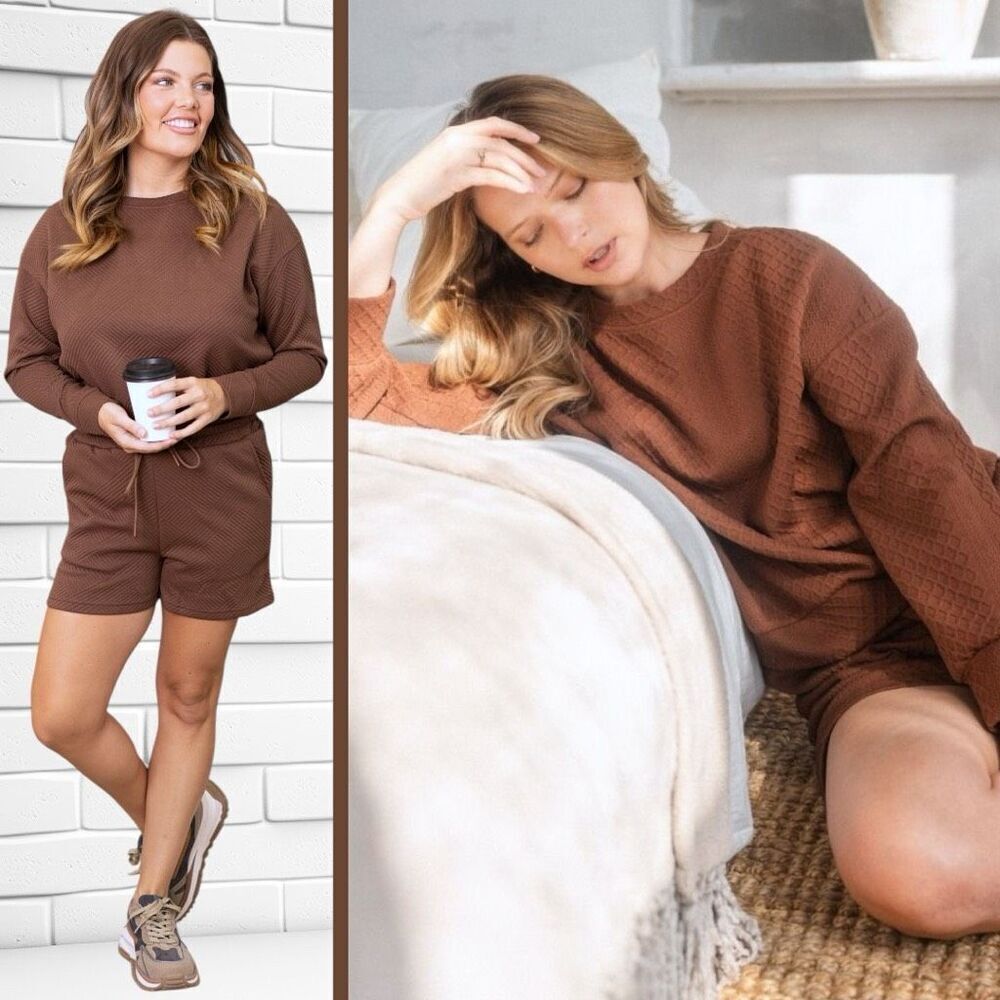 Boutique Brown Texture Long Sleeve Top and Shorts Lounge Set NWT - Picture 3 of 15